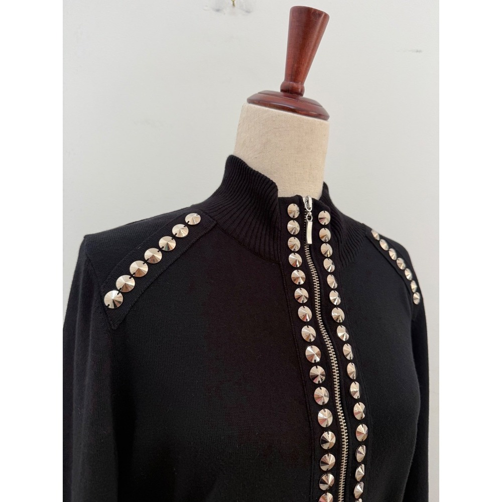 Boston Proper Studded Cardigan Large Black Zip Front Mock Neck NWT - Picture 4 of 11